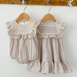 Robes d'été pour filles, vêtements de sœurs, robe de soirée pour enfants, barboteuse pour bébés, sans manches, à rayures en coton, princesse, Style coréen