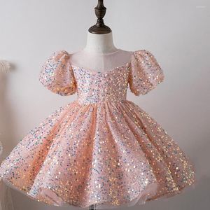 Robes à fleurs roses scintillantes pour filles, col rond, manches courtes, robe de bal trapèze, robe de fête d'anniversaire pour enfants, 2023