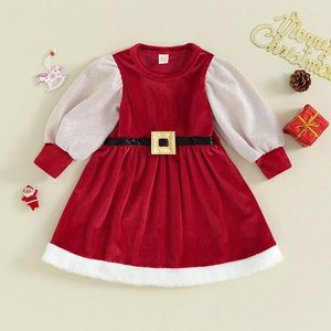 Robes de fille SUEFUNSKRY Petites filles Christmas Robe A-Line Couleur Couleur de fourrure Patchwork Decoration Belt O-Leck Manches longues pour la fête