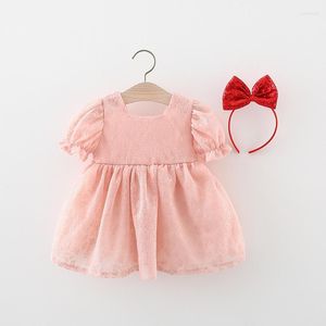 Fille Robes D'été Bébé Filles À Manches Courtes O Cou Dentelle Fête D'anniversaire Princesse Enfants Robe Tutu Plissée Arc À Paillettes Bandeau Vestidos