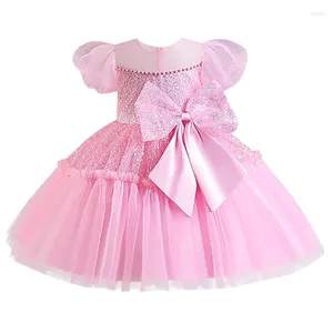 Robes d'été en maille pour filles, vêtements adaptés aux tout-petits, avec grand nœud, robe de bal pour premier anniversaire de bébé, blanche, baptême