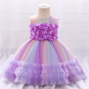 Vestidos de niña dulce púrpura escalonado flor niñas arco faja hinchada tul niños desfile vestido de fiesta corto niños cumpleaños comunión viste