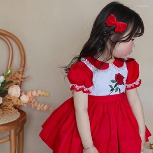 Vestidos de niña, vestido rojo de encaje de princesa para niñas pequeñas, rosa bordada para niños, vestido veraniego suave de Lolita para bebés, fiesta de cumpleaños de 1 a 5 años