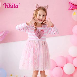 Robes de fille VIKITA filles coeur forme robe à paillettes enfants rayé Patchwork rose dentelle maille Tulle princesse fête d'anniversaire Costumes
