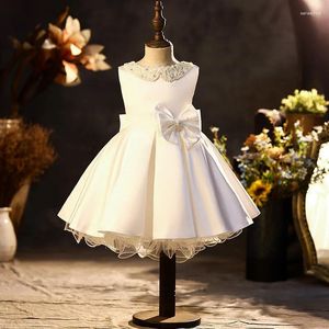 Vestidos de niña con flores de satén blanco para boda, perlas hinchadas con lazo, fiesta bonita, desfile de bebé, vestidos de baile de cumpleaños, 2024