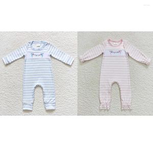 Vestidos de niña Venta al por mayor Ropa para niños y niñas nacidos Rts Mono bordado de manga larga a rayas rosa claro azul blanco