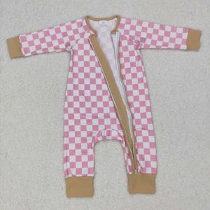Vestidos de niña, venta al por mayor, mameluco para niños pequeños para bebés, niños y niñas, mono de manga larga con cremallera amarilla a cuadros rosa y blanco