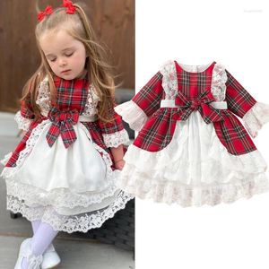 Robes de fille année Costumes de noël princesse noël filles robe rouge enfant enfants en bas âge Plaid imprimé nœud dentelle Tutu fête