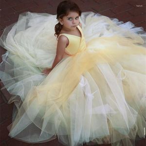 Robes de fille à fleurs jaunes pour mariage, col en V, robe de bal plissée, longueur au sol, modeste, cadeau de fête de concours, d'anniversaire