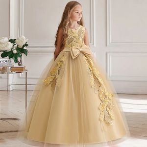 Girl Farty Robe Bridesmaid Princess Flower for Wedding Elegant Kids Bow Blow Long Children Gala Formes Gala 12 13 Y Vestidos 240318
