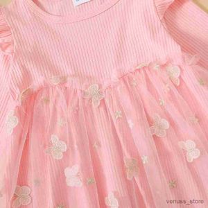Vestidos de niña 1-5 años Baby Girl Pink Butterfly Princess Dress Cantbed manga larga Falda de tul para la primavera.