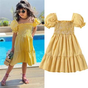 Robes de fille 2-7ans Toddler Girl Dress Plaid Puff Short Sleeve Princess Summer For Girls Casual Yellow Green Beach