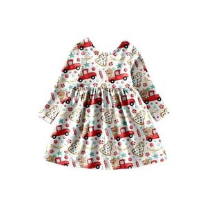 Robes de fille Robe de Noël à manches longues pour les filles au genou autour de l'encolure imprimé voiture rouge en tissu de soie de lait pour les filles 240315