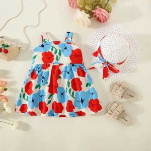 Robes de fille filles robes d'été Nouveaux vêtements pour enfants United States Big Flower Bow Sling Cotton Child Jupe avec des vêtements de fille au chapeau