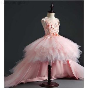 Robes de fille Glizt Girl Wedding Party Robes de demoiselle d'honneur Tulle rose Trailing Princess Gown Beaded Floral Girls Pageant First Communion Gown W0314