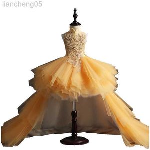 Robes de fille Glizt Long Trailing Gold Lace First Communion Dress Beads Tulle Ball Gown Girls Pageant Gown Flower Girl Dress For Weddings W0314