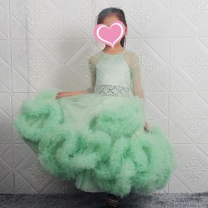 Robes de fille Vert Nuageux Jupe Princesse Pageant Fleur Fille Robe À Manches Longues Ceinture Perlée Enfants Robe De Fête