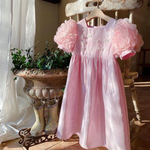 Robes de fille Enfants Vêtements Filles 3D Rose Princesse Robe 2022 Été Perles Bow Fleur Fille Fête Rose Enfants Es Robes 18m-7y