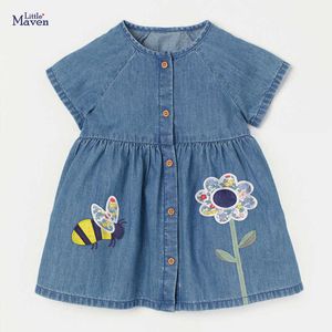 Robes de fille Little Maven 2023 Robe d'été en denim avec fleur et abeilles Beaux vêtements décontractés en coton pour enfants en bas âge 2 à 7 ans 0131