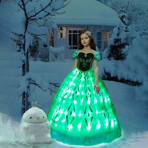 Robes de fille Personnage de film Venez Princesse LED Light Up Robe Glamour Girl Cosplay Carnaval Cadeau d'anniversaire Robe de soirée Robe de soirée verte