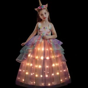 Robes de fille Rainbow Come Princess LED Light Up Robe Glamour Girl Cosplay Carnaval Cadeau d'anniversaire Robe de soirée Robes de soirée W0224