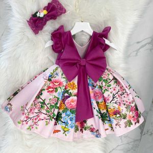 Robes de fille Toddler Girls Dress Party Wedding Birthday Clothes Bowknot Girl Print V Back Holiday Wear Christmas Baby Girl Dress + Headwear AA230531
