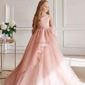 Vestidos de niña Flor vintage para niñas cuello transparente mangas largas encaje rosa niña boda vestidos de procesión de comunión baratos 240315