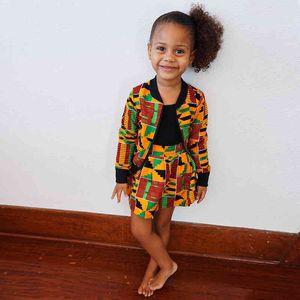 Conjunto de niña Moda Trajes de Navidad Africano Bohemio Cremallera Chaqueta + Vestido Traje de 2 piezas Ropa para niños 210515