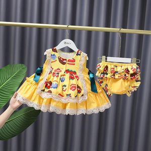 Mädchen Kuchen gedruckt ärmelloses Prinzessinkleid 2021 Sommer Kinder Spitze Tut A-Linie Kleider süße Kinder Bowknot Kleidung mit Shorts S1054