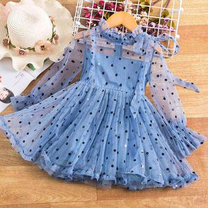 Filles En Mousseline De Soie Dentelle Maille Princesse Robe Pour Enfants Polka Dot Tutu Puffy À Manches Longues D'été Enfants Élégant Vêtements De Fête De Mariage G220518