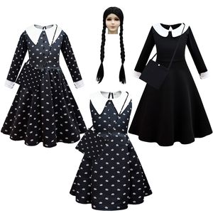 Vestidos para niñas Moda para niños Película Miércoles Addams Cosplay Princesa Vestido y bolsa de peluca Conjunto Chica Disfraz de Halloween Carnaval Gótico Ropa negra 230210