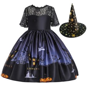 Girls Dress Halloween Costume for Kids Girl Party Children Pumpkin Lace Witch Printed Cosplay Princess 221107