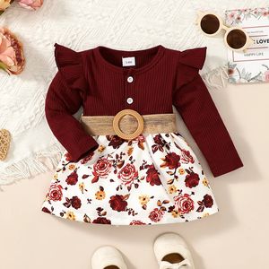 Robes de filles ma bébé 3M3Y né infantile enfant en bas âge bébé fille robe automne fleur imprimé patchwork à volants à manches longues ALine ceinture D05 231030