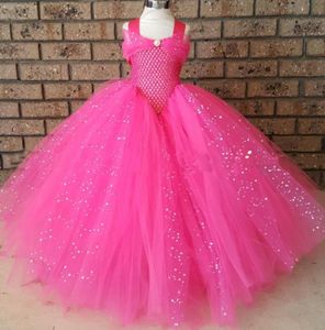 Filles rose paillettes Tutu robe enfants Crochet Sparkle Tulle robe longue robe de bal enfants fête d'anniversaire Costume princesse robe F5505014