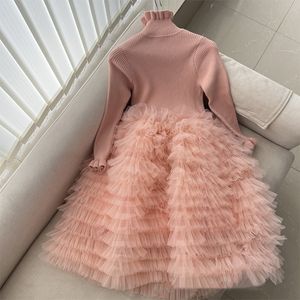 Suéter para niñas, vestidos de tutú de tul de encaje con gradas, cuello con volantes, manga acampanada, ropa de príncipes, vestido de fiesta de cumpleaños para niños Z6486