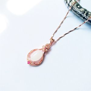 Colgante de gota de agua de cristal rosa dulce para niñas, colgante de calcedonia de jade con diamantes de circón, collar chapado en oro rosa, joyería para fiesta de boda, regalo de año nuevo