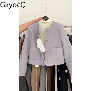 GkyocQ Francés Pequeño Perfume O Cuello De Un Solo Pecho Púrpura Chaqueta Corta De Tweed Mujer Otoño e Invierno Abrigos De Cachemira De Lana 240226