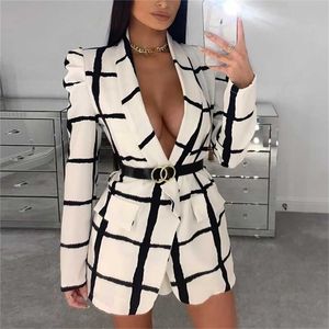 Glamaker Plaid tiefer V-Ausschnitt sexy Blazer Frauen Herbst Langarm weiß Büro Damen Blazer Mantel Elagent Mode Blazer Jacke 211112