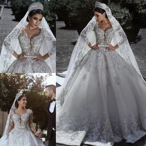 Robe De Bal Glamour Robes De Mariée 2023 Perles À Manches Longues En Dentelle Appliques Robes De Mariée Arabe Musulman Robe De Mariage Sur Mesure