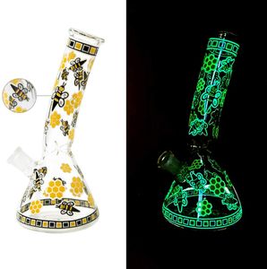 Bong en verre Fumer Pipe à eau Narguilé 8,3 pouces Glow in the dark Abeille Autocollant Shisha Pipes Dab Rig Filtre Beaker Bubbler W / ICE Catcher Bongs