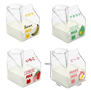 Boîte à crème en verre résistante à la chaleur, Mini récipient carré en Carton de lait de dessin animé, tasse d'eau de 380ml, tasse Kawaii, bouteille Kawaii