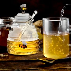 Verre en nid d'abeille Jar Clear Glass Glass Honey Dispensver avec stick Stick and Lid Honey Bottle For Kitchen Coffee Bar Bak