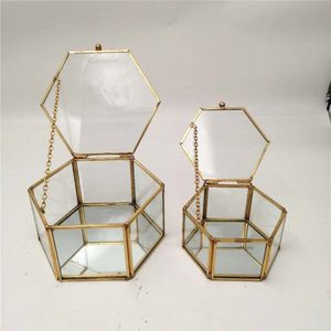 Caja de almacenamiento de joyas de vidrio Edge de cobre transparente hexagonal anillo de boda collar de joyería recipiente 240327