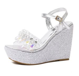 Zapatos de cristal con purpurina, zapatos de novia para boda, sandalias de cuña con plataforma, plata, oro, rosa, blanco, talla 34 al 40