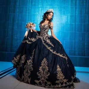 Glitter Dark Navy Princess Quinceanera Dresses Sequined Gold Lace Applique V-neck Party Ball Gown Prom Evening Dress For Sweet 15 2813