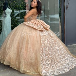 Paillettes dorées robes de Quinceanera princesse chérie fleur blanche robes De 15 ans seize anniversaire sequin doux 16 quinze XV robe débutante robe de bal 2024