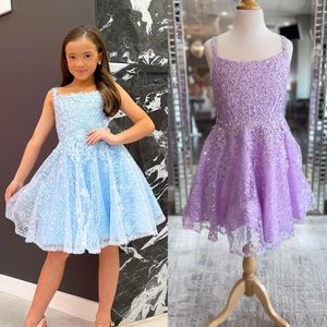 Paillettes Dentelle Fille Pageant Robe 2023 Genou Longueur Robe De Bal Paillettes Petit Enfant Anniversaire Formelle Robes De Fête Infant Toddler Ados Minuscule Jeune Junior Miss Ciel-Bleu Lilas