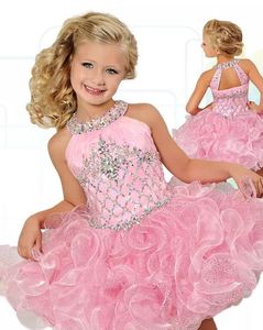 2022 Glitz Cupcake Girls Pageant Vestidos Pink Organza Ruffles Vestido de niñas de flores Fiesta de cumpleaños de moda Mini vestidos de bola de cristal con cuentas
