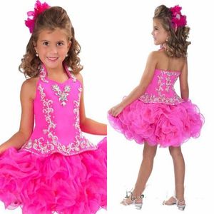 Glitz Halter Organza Robes De Fille De Pageant Avec Des Fleurs Princesse Dos Nu Courtes Mini Robes De Bal En Cristal Coupe Gâteau Robes D'enfant RGB212