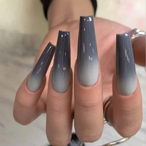 Negro brillante Ombre Nails Coffin Extra Long Ballerina Press en la cubierta completa Uñas postizas Artificial Lujoso Accesorios para uñas